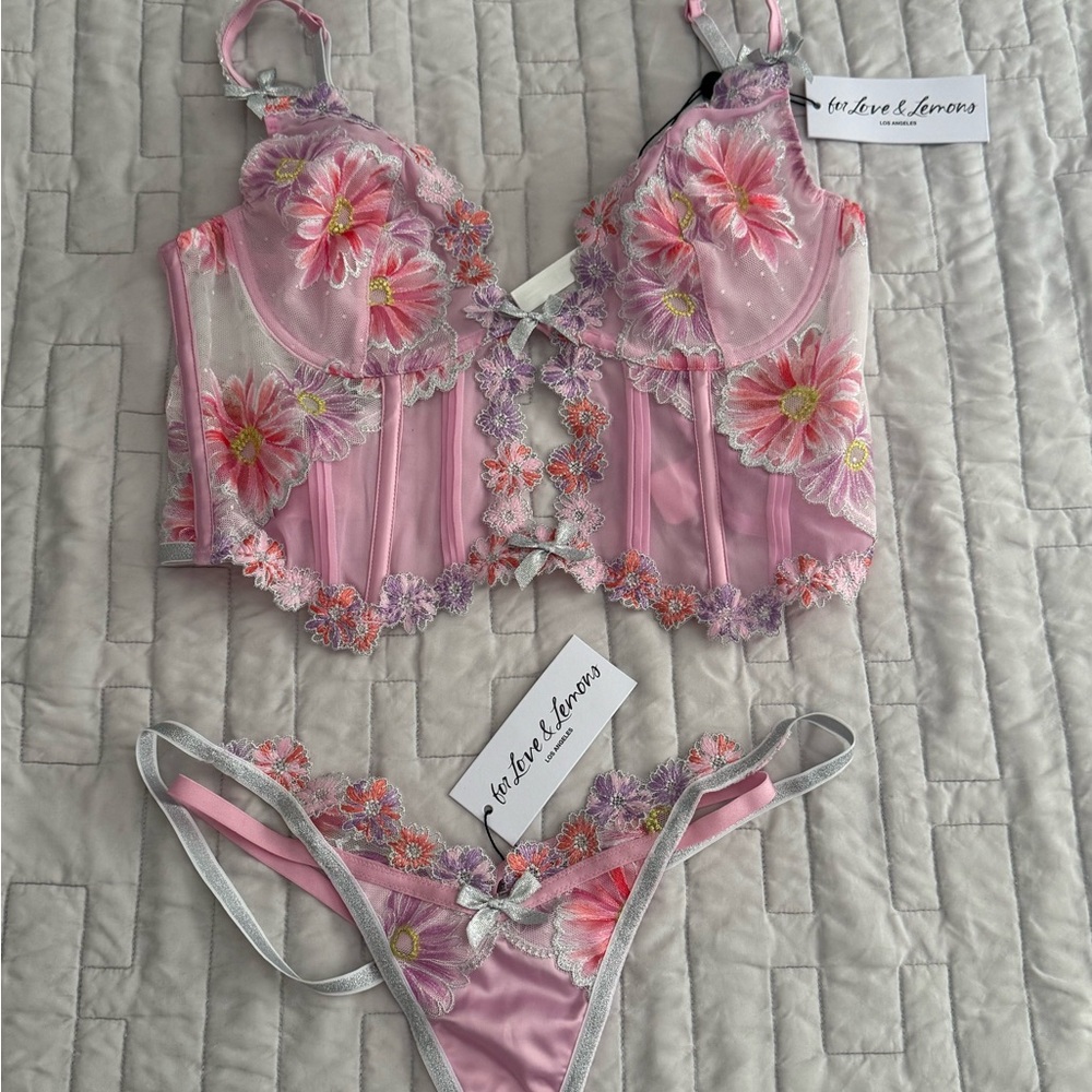 NWT For Love And Lemons Pink and Silver Floral Bra Set